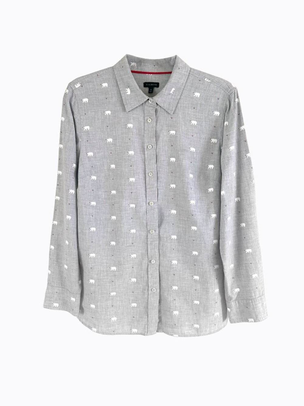 Talbots Wrinkle Resistant Cotton Button Shirt M Gray Polar Bear Print Whimsical